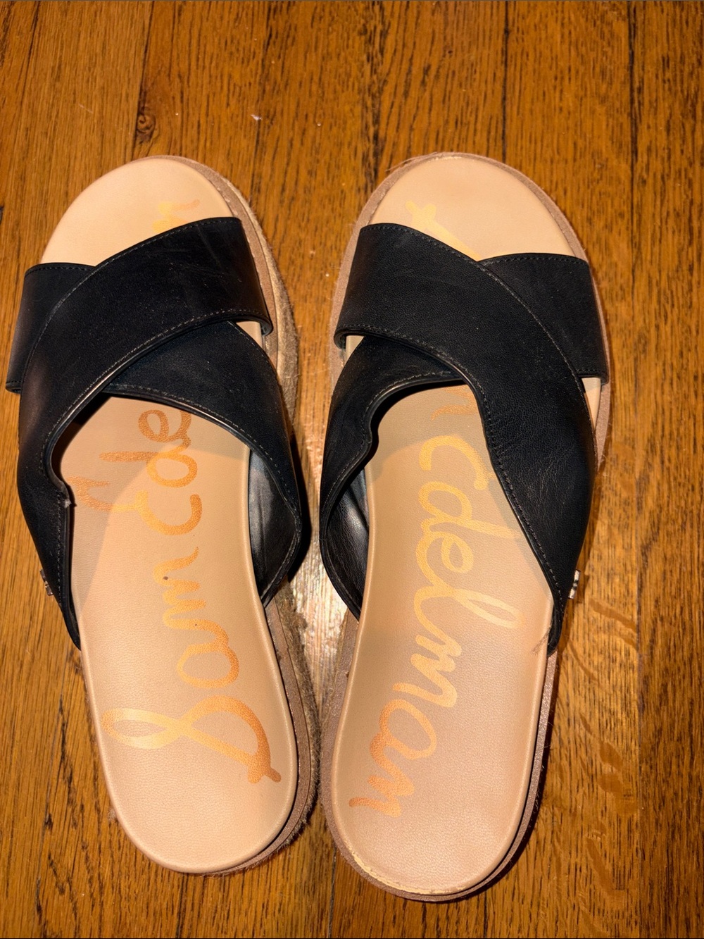 Sam Edelman Black Crisscross Slide Sandals with Tan Footbed
